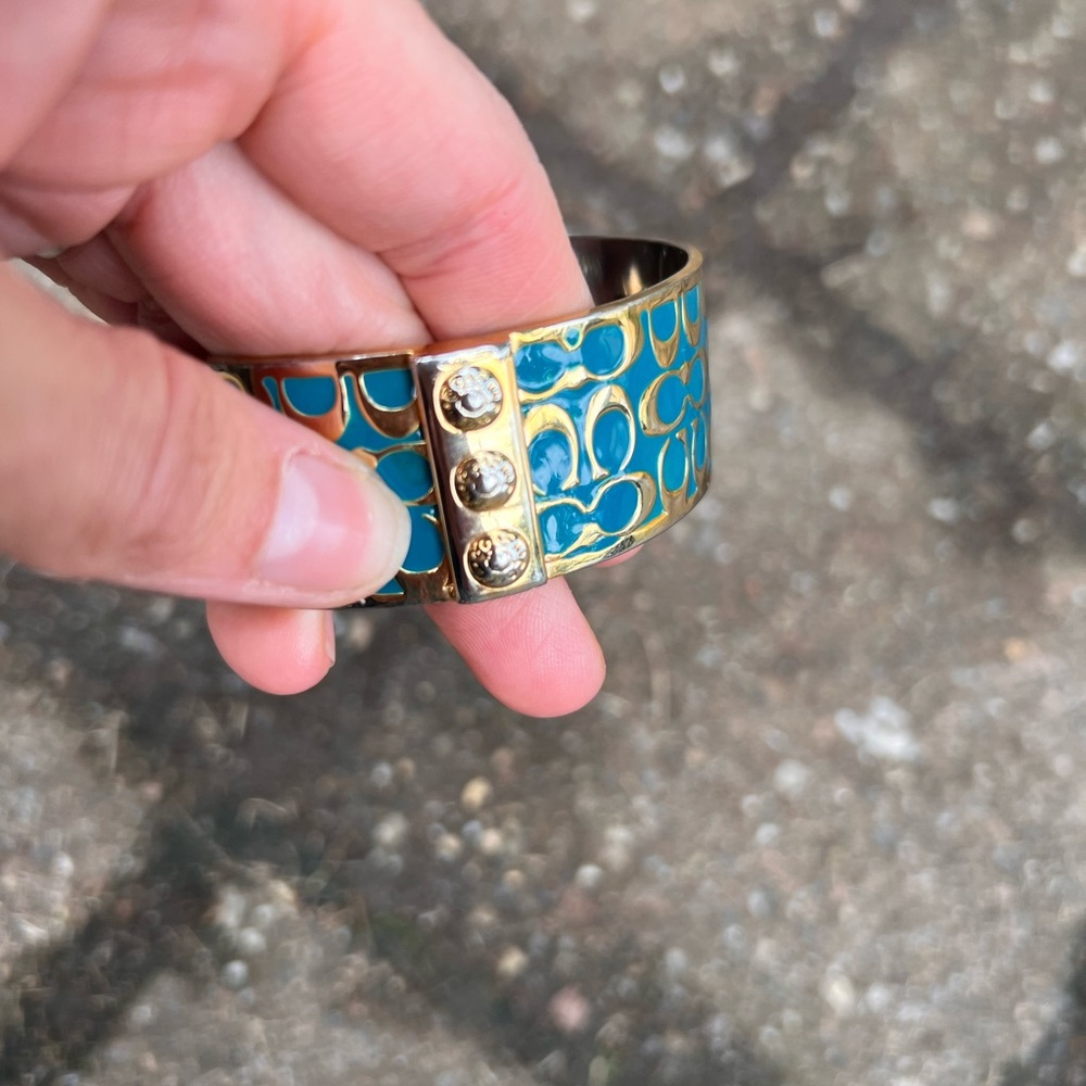 Coach teal gold signature logo enamel cuff bracelet Y2K - Picture 2 of 7